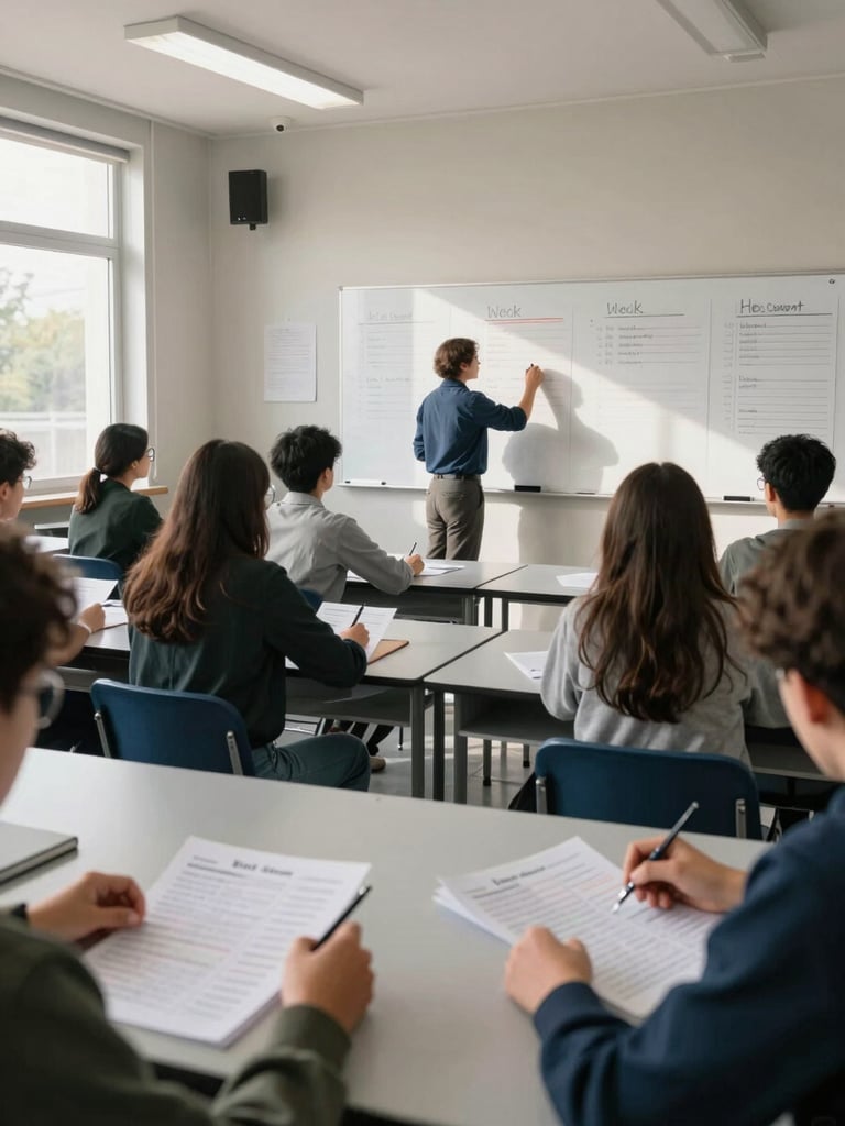 Wide shot of a classroom interior in morning light, students seated at desks reviewing printed timetables, a faculty member writing the week's schedule on a whiteboard at the far end, natural window light from the left side