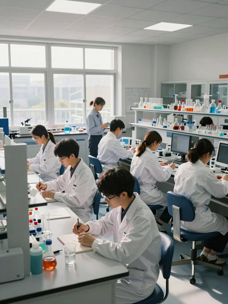 Wide environmental shot of a science laboratory classroom, students seated at lab benches with glassware and equipment in active use, north-facing window light streaming across the room, instructor visible at the front guiding the session