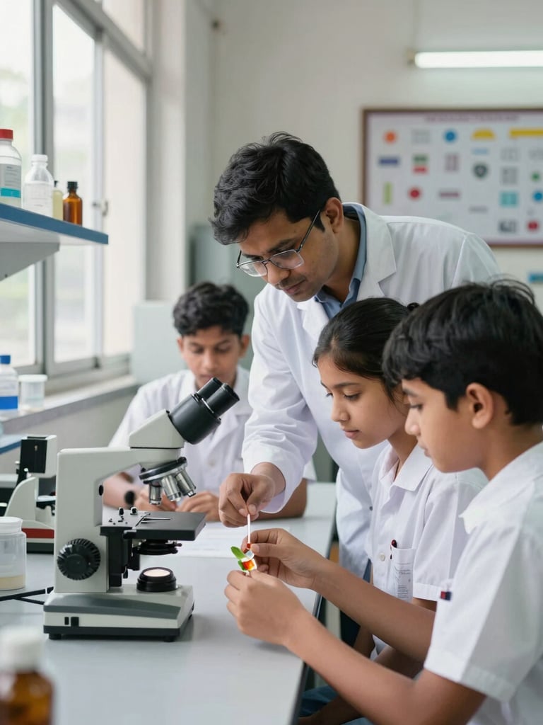 Environmental portrait inside a college science laboratory in Andhra Pradesh, a faculty member leaning over a bench to guide two students examining a specimen under a microscope, morning window light from the left, lab equipment and reference charts visible in the background, hands and instruments in clear focus