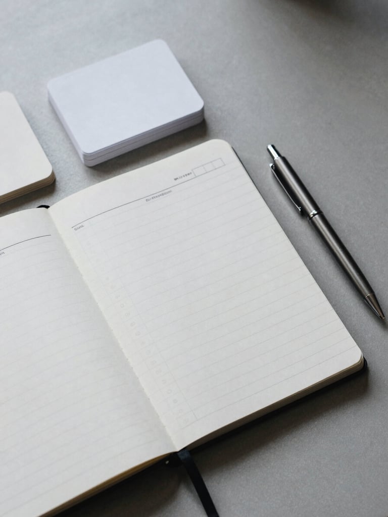 Overhead flat-lay of an organized desk — a ruled notebook open to a structured planning page, a precise pen resting on the margin, a small stack of index cards nearby, cool north-facing daylight, soft silver tones, minimal and spare