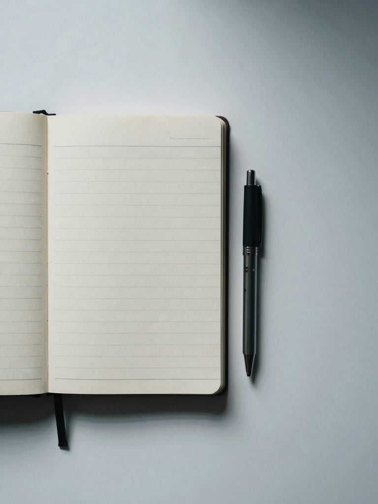 Overhead flat-lay of an organized desk: open planning notebook, ruled pages visible, a single pen resting beside it, cool north-facing daylight from the left, minimal negative space to the right, no hands, no faces