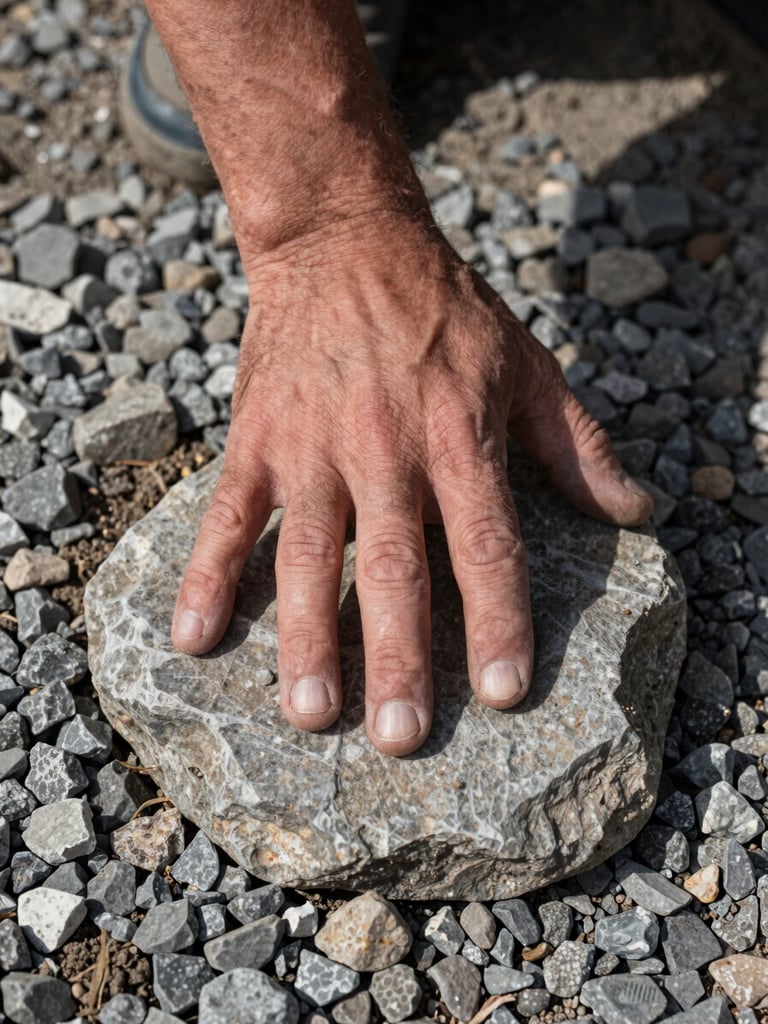 Close-up of weathered hands pressing a flat stone into a gravel bed, natural daylight from the left, soil texture visible at the edges, documentary framing with no staging
