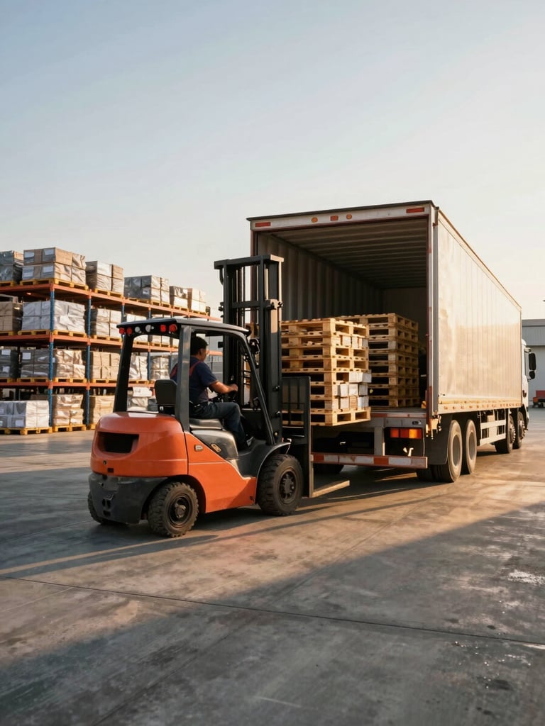 Wide panoramic warehouse dock at golden hour, a forklift operator loading pallets onto a backed-in freight truck through open dock doors, warm directional light cutting across the concrete floor, racks of inventory visible in the background, no posed subjects