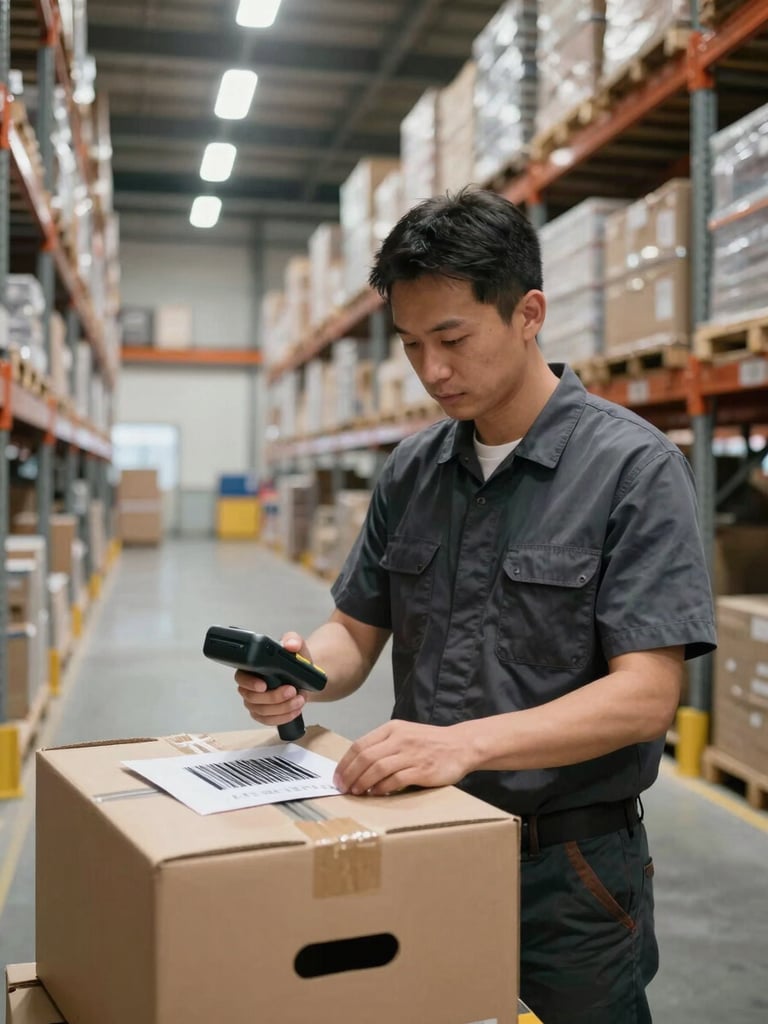 Medium shot of a warehouse worker scanning a barcode on a tote with a handheld device, wide racking system visible behind, natural overhead warehouse light, slightly elevated angle showing the populated pick floor extending into the background, no eye contact with camera