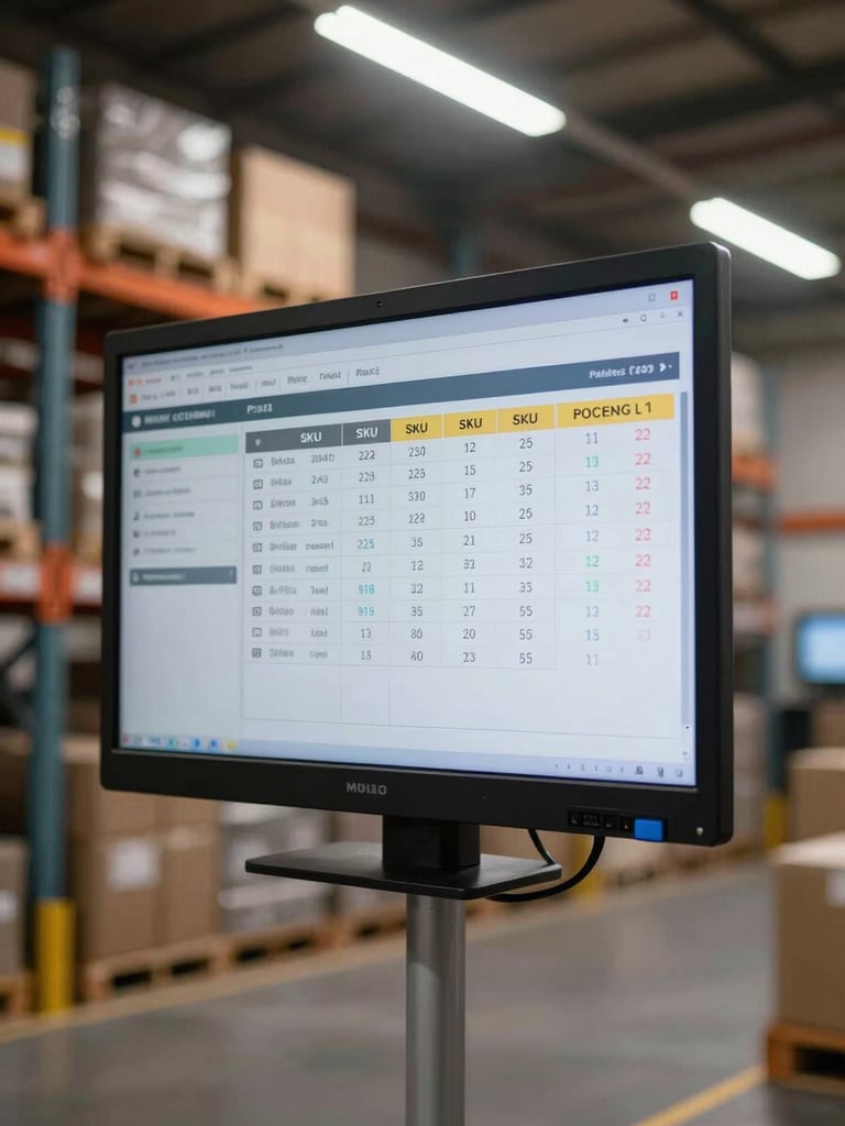 Close-up of a warehouse management dashboard screen mounted on a metal bracket, showing live SKU counts and picking accuracy metrics in high contrast, natural overhead fluorescent light from a warehouse floor, slightly off-center right framing with racking system blurred in background