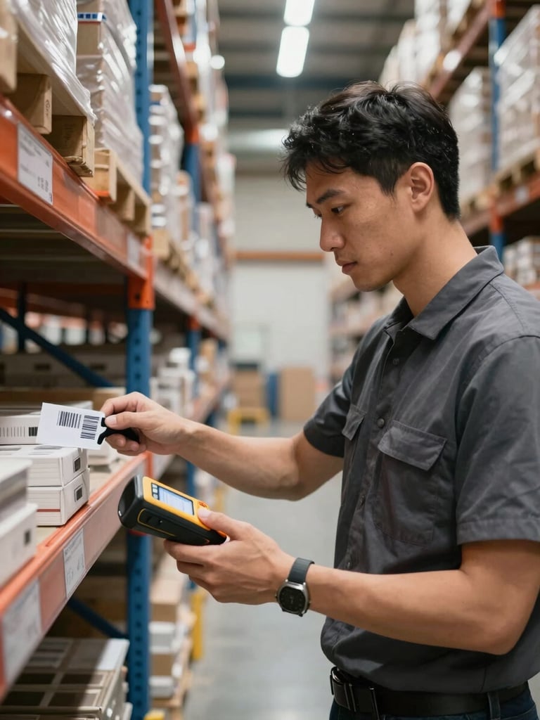Medium shot of a warehouse worker scanning a barcode on a bin shelf with a handheld device, racking system extending deep into the background under natural overhead warehouse lighting, no eye contact with camera