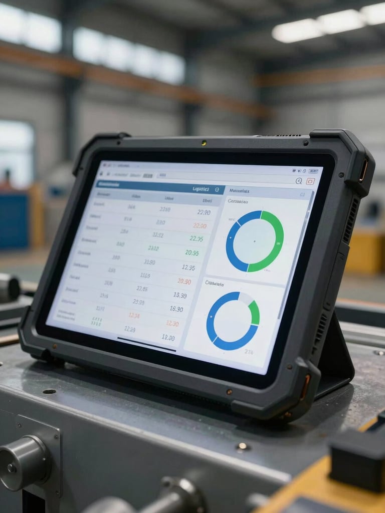 A close-up of a ruggedized industrial tablet displaying logistics data and emissions metrics inside a modern steel manufacturing warehouse
