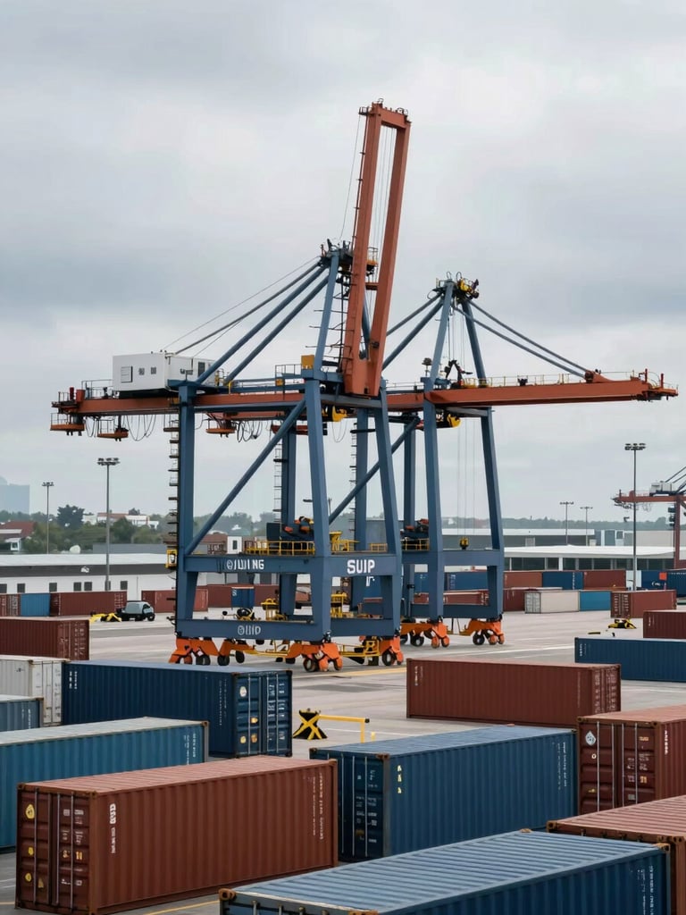 Overcast daylight shot of a modern logistics terminal with shipping containers and steel cranes, high-contrast industrial composition.