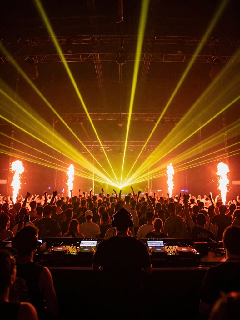 High-contrast action shot of a DJ performing in front of a massive crowd, electric yellow laser flares, deep shadows, dynamic wide-angle