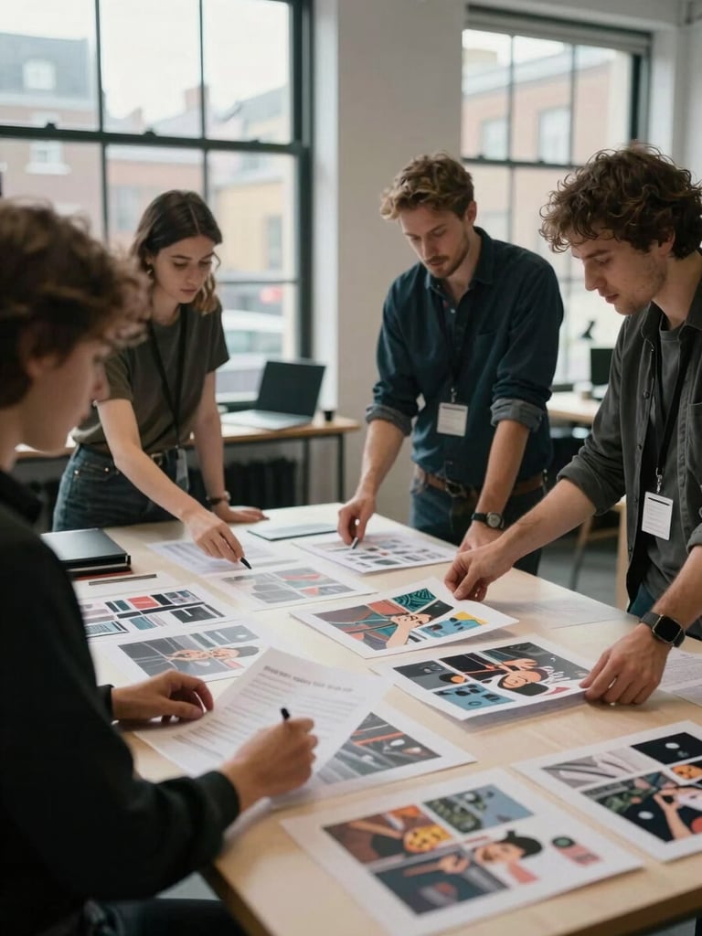Candid medium shot of a creative team reviewing printed campaign layouts in a soft-lit London studio, natural overcast daylight from large windows, focus on tactile paper proofs, professional and authentic.