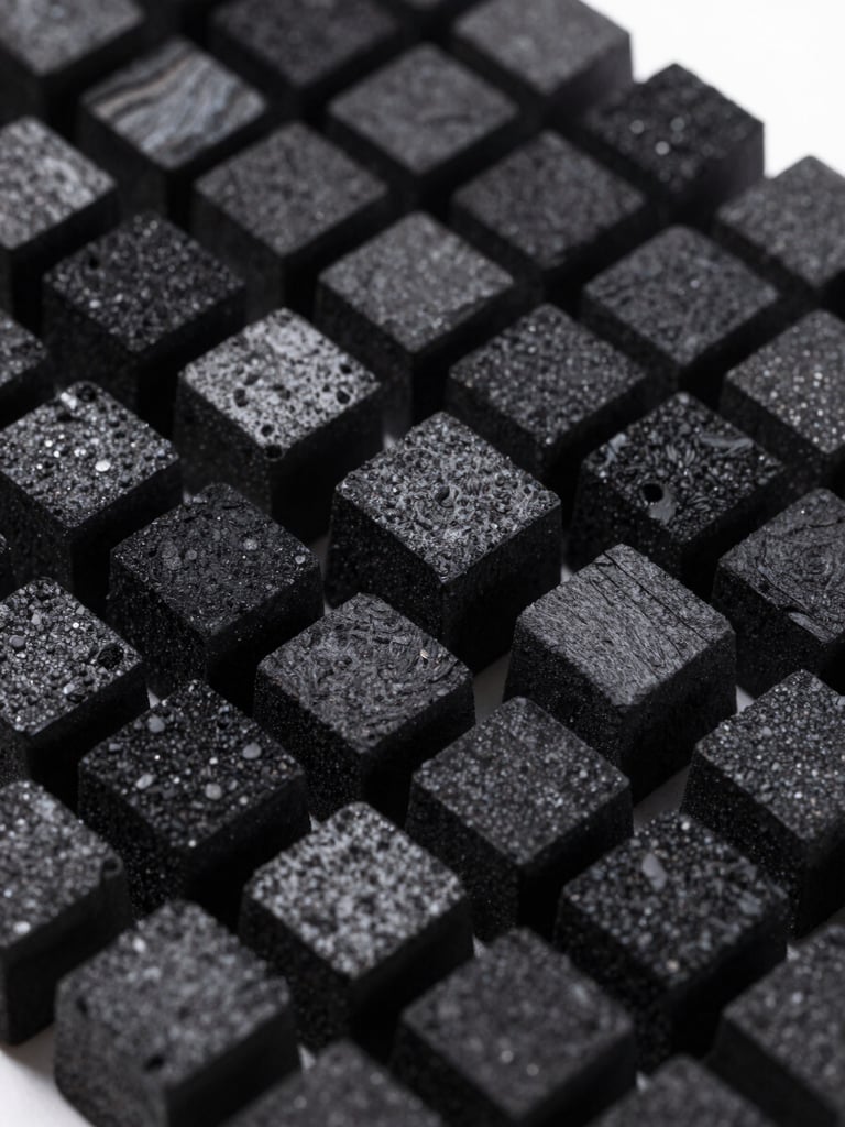 Macro shot of uniform, high-density charcoal briquettes, rich black color, arranged neatly under studio lighting, showing texture and quality.