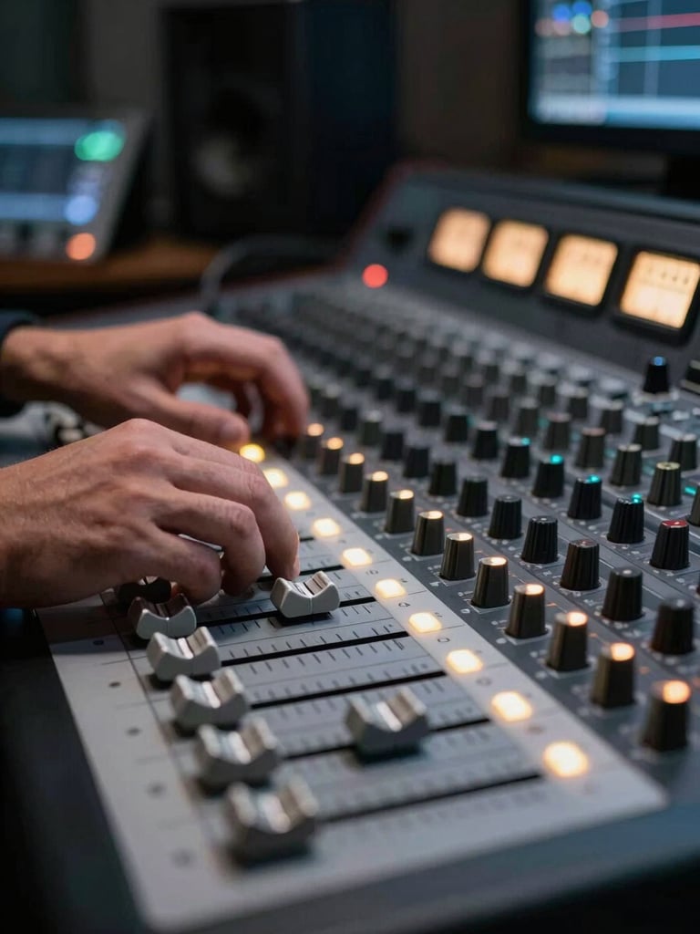 Close-up of an audio engineer's hands on a mixing console, cool LED task lighting illuminating faders and meters, dark studio background with glowing screens, shallow depth of field, professional recording session in progress
