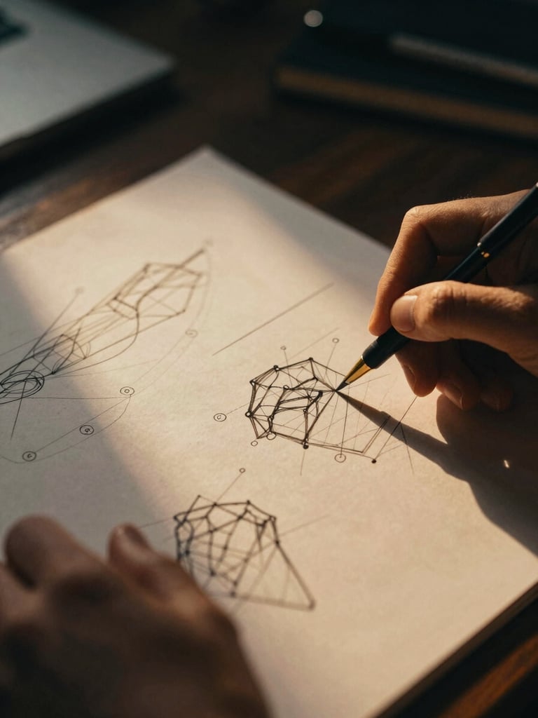 Close-up of hands sketching wireframes on paper, warm golden-hour accents cutting through dark interiors, 35mm