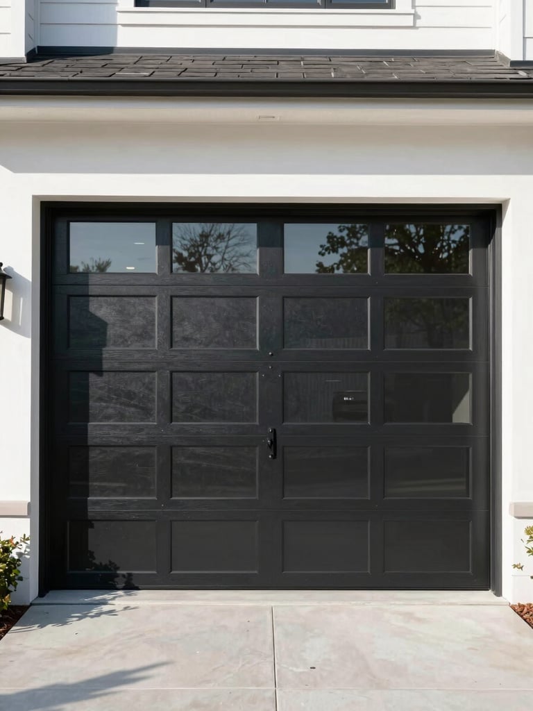 A crisp straight-on architectural shot of a modern black aluminum and glass garage door on an upscale Greenwich home, bright morning daylight with clean sharp shadows.