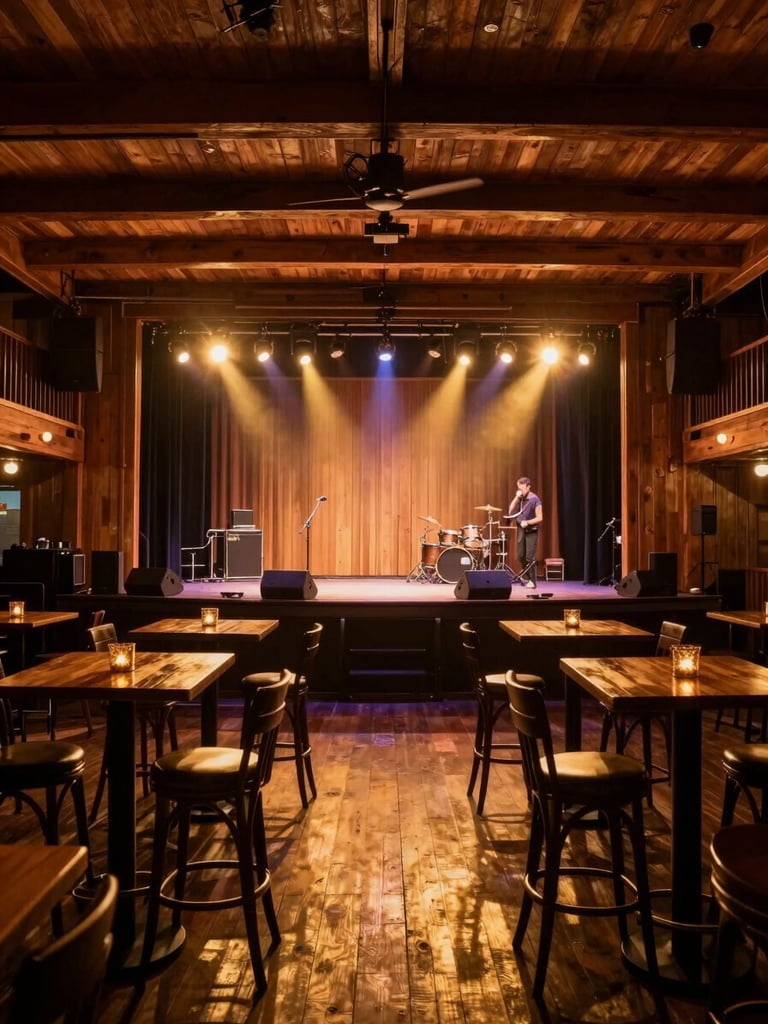 Wide environmental shot of an intimate wood-paneled southern venue interior before a show, stage lights warming up in amber and gold, empty bar stools and low tables in foreground, stage backdrop visible, no people, the room itself as subject