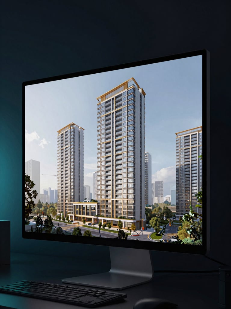 Wide environmental shot of a completed high-rise architectural rendering displayed on a large desktop monitor, photographed from a slight angle in a dark studio workspace, teal ambient light on the left edge of the frame, the rendered building in full detail visible on screen, cables and peripherals softly lit in the foreground, deep navy background
