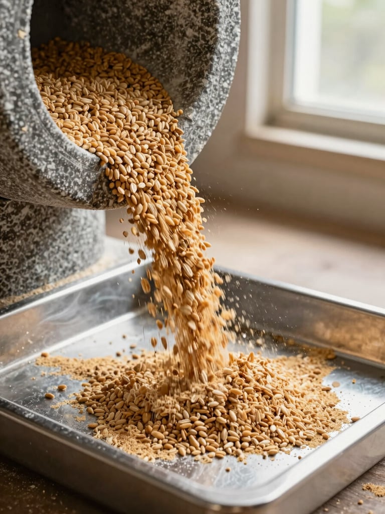 Extreme close-up of freshly milled whole wheat atta pouring from a chakki stone mill onto a stainless steel collection tray, bright natural daylight from a side window, fine flour particles suspended in the air, warm wheat-gold tone, operational mill floor visible in the blurred background
