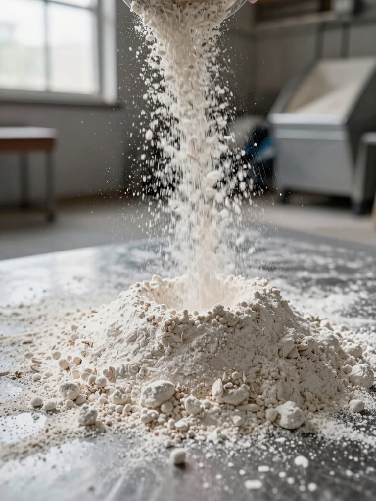 Extreme close-up of fine wheat flour poured from above onto a steel surface, bright natural daylight from a facility window, flour particles suspended mid-air, texture sharp and dry, industrial mill floor visible at soft focus in background