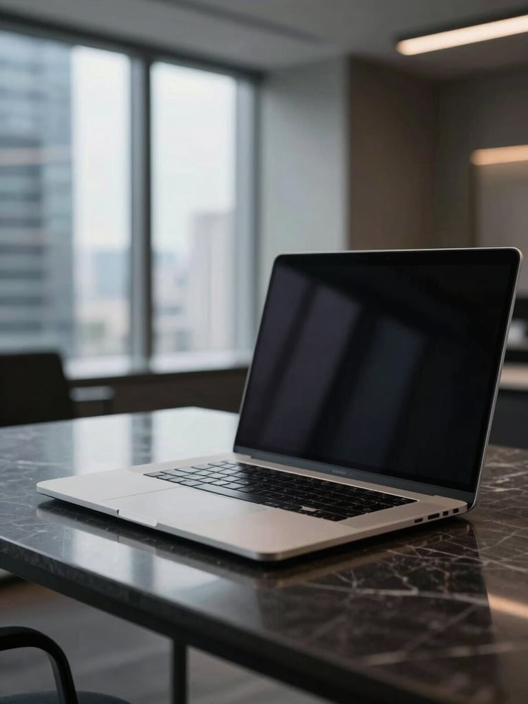 Close-up of a high-end minimalist workspace, a sleek modern laptop on a dark marble desk, soft overhead lighting filtering through high-rise windows, premium corporate atmosphere.