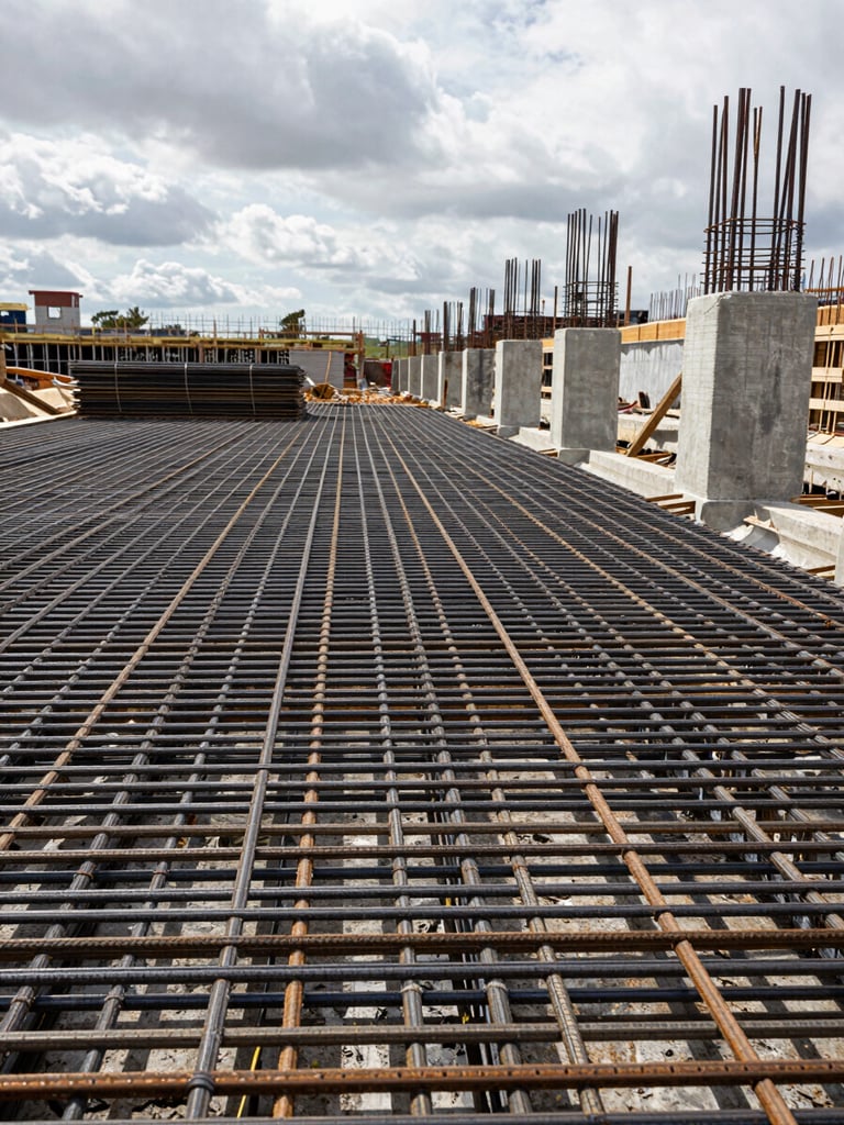 Wide environmental shot of construction site at overcast daylight, precisely aligned rebar grid filling the foreground, concrete formwork panels receding to the right, no workers visible, material texture sharp and documentary