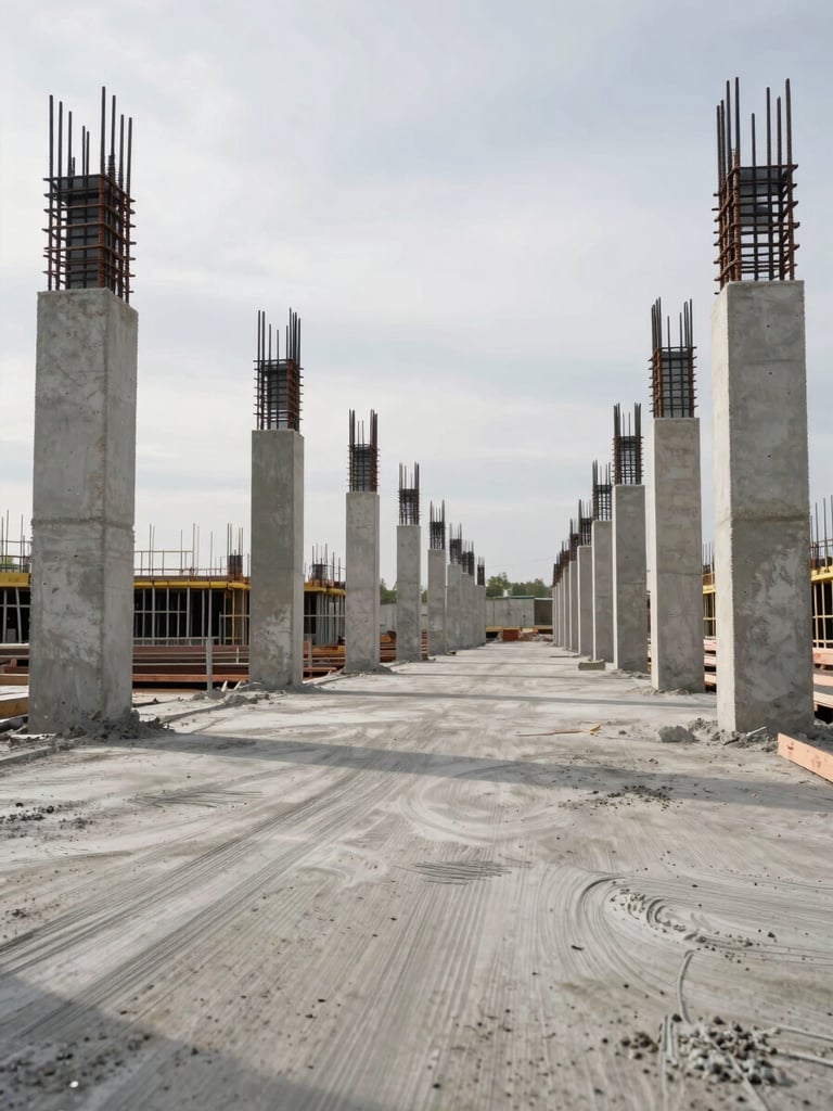 Wide environmental shot of a construction site interior under soft overcast daylight — aligned concrete formwork columns receding into depth, rebar ties visible at mid-ground, fresh concrete surface in foreground showing tool marks, no workers present, high spatial order