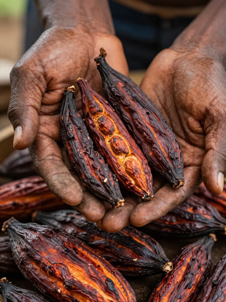 Gros plan macro sur des fèves de cacao camerounaises fermentées tenues dans les mains rugueuses d'un producteur, sous une lumière naturelle intense révélant les textures riches.