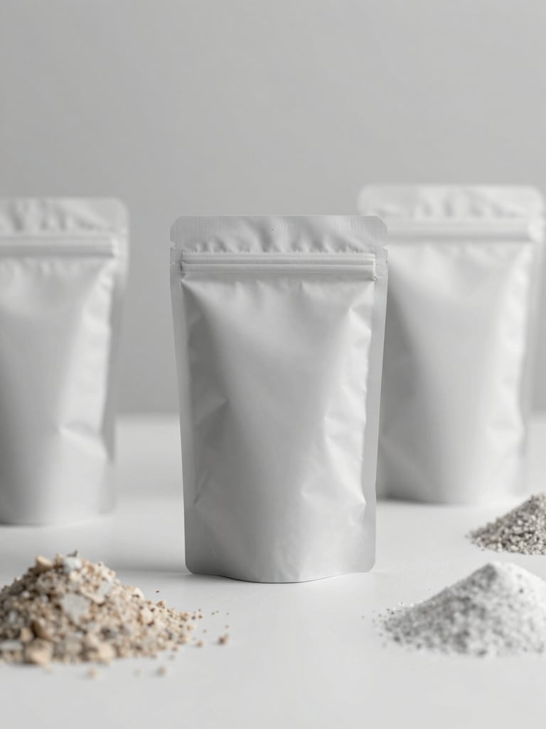 Macro shot of raw materials and clean unbranded packaging mockups in a bright, minimalist industrial design workshop, 35mm, soft diffused lighting