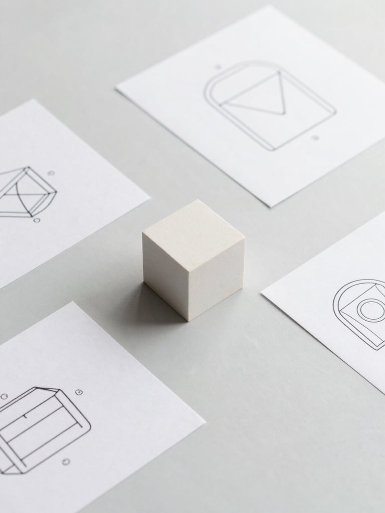 Overhead flat-lay of minimalist geometric product prototypes and design sketches on a clean light gray workspace, soft natural studio light