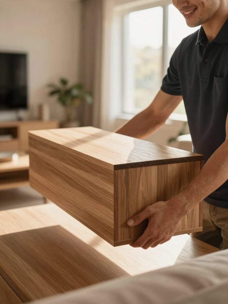 Close-up of a friendly delivery team member carefully placing a furniture piece inside a modern home, warm natural light, focus on the texture of the wood and the team member's hands.