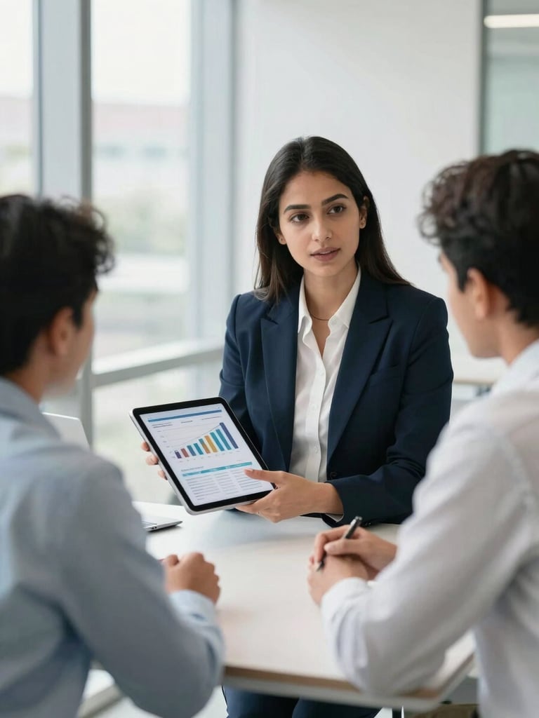 Medium-close shot of a professional female financial advisor explaining a financial layout on a tablet to a startup founder in a modern, sunlit Bengaluru office, clean architectural crop, natural window light.