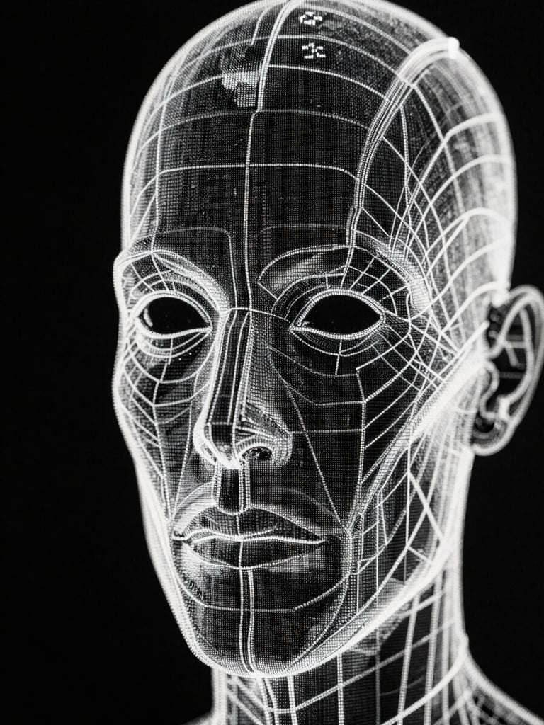 Stark close-up of a high-contrast digital wireframe interface on a screen, sharp monochrome pixels, hard direct studio light, macro lens