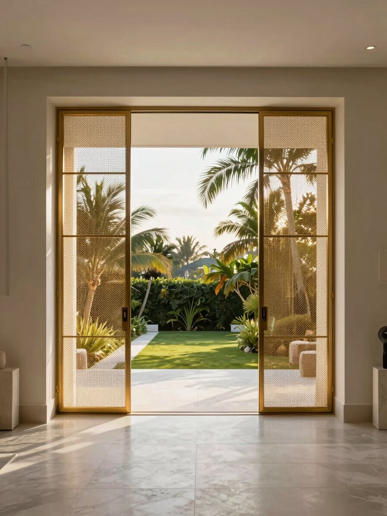 Wide-angle architectural shot of a luxury villa foyer, looking out through a custom gold powder-coated security mesh door onto a lush tropical garden, soft golden hour light filtering through, minimalist luxury interior.