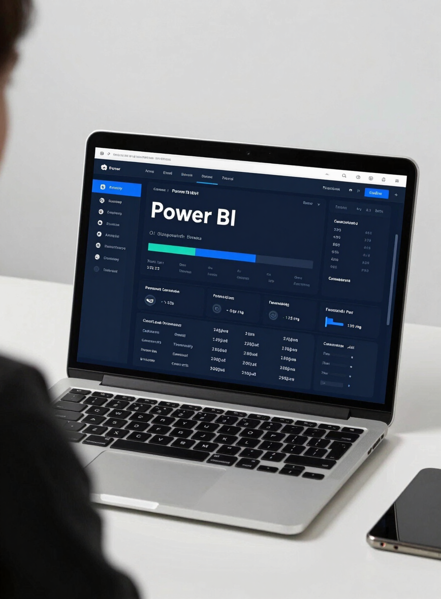 Over-the-shoulder shot of a clean modern workspace, a laptop screen displaying a vibrant Power BI dashboard with dark slate UI, cool screen glow, sharp focus.