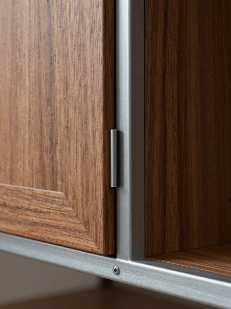 Close-up architectural detail of a flush-fitting custom walnut cabinet door meeting a steel frame, showcasing millimeter-precise joints and natural timber grain.