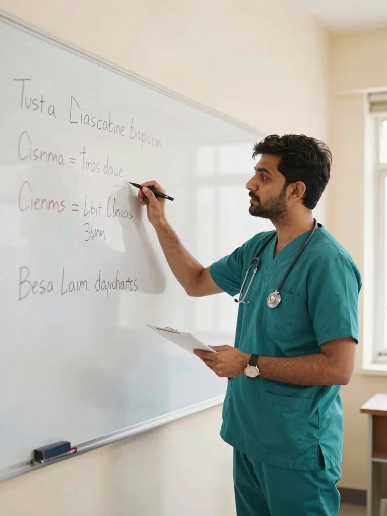Professional male nursing instructor in a clean, bright classroom in Peshawar, explaining clinical concepts on a whiteboard, warm natural light, 35mm