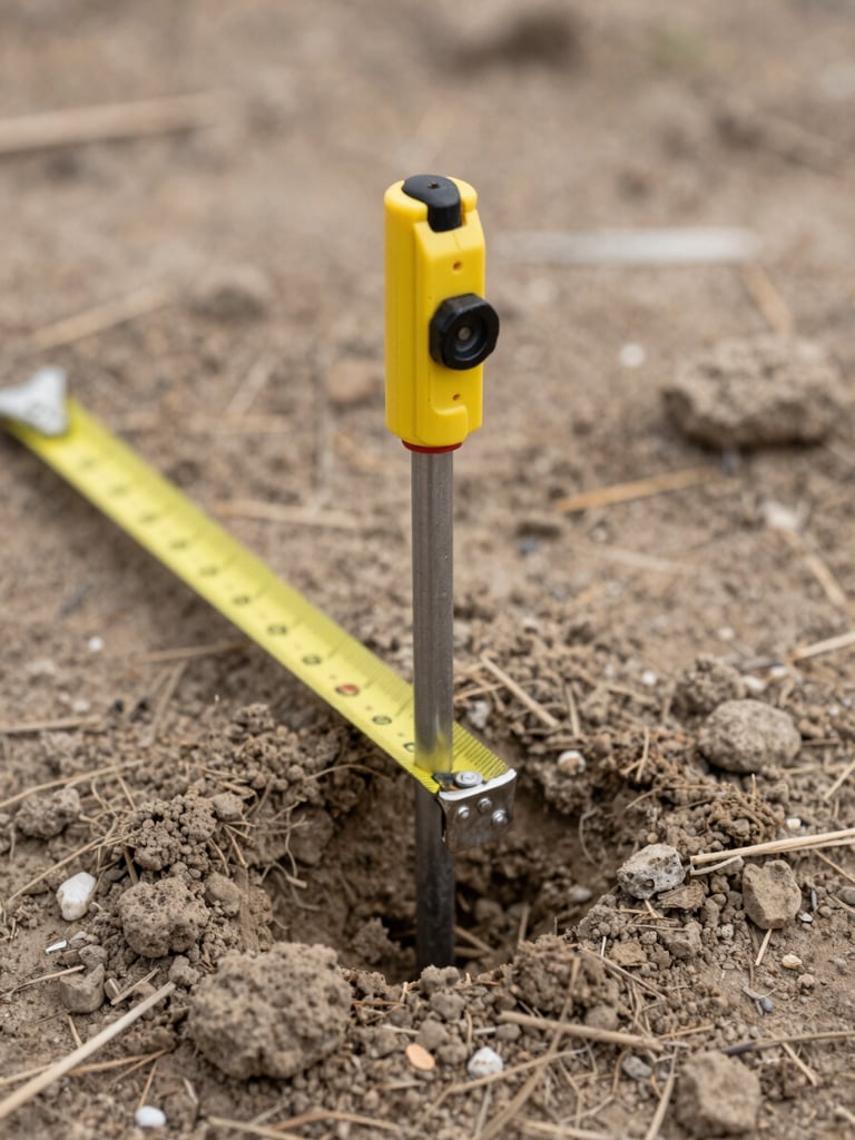Close-up overhead shot of a surveying stake driven into dry Costa Sur earth, measuring tape extended across the ground, neutral daylight, no people, raw land texture visible, technical and documentary feel