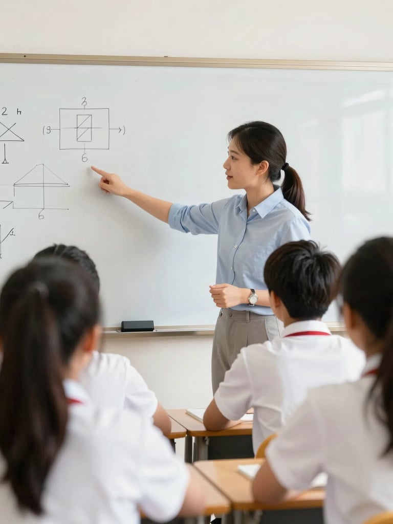 A professional teacher guiding high school students in a bright classroom, pointing to a whiteboard with diagrams, natural daylight, warm inviting tones