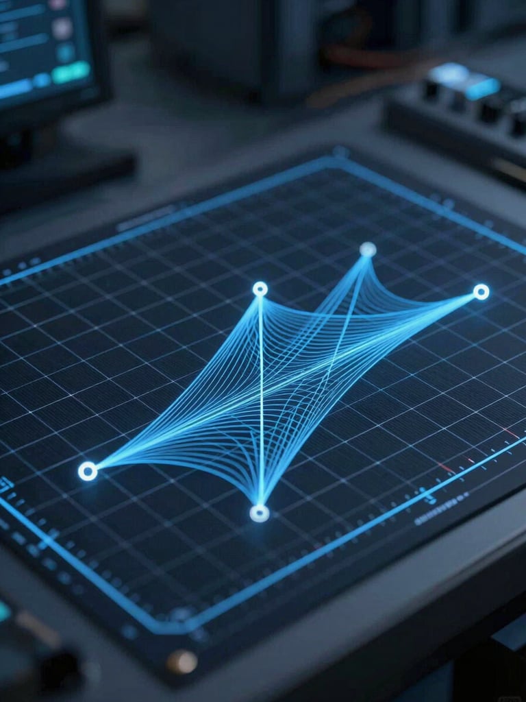 Visualisasi plot matematika kompleks dengan koordinat grid presisi, latar belakang gelap dengan garis biru elektrik, estetika laboratorium komputasi.