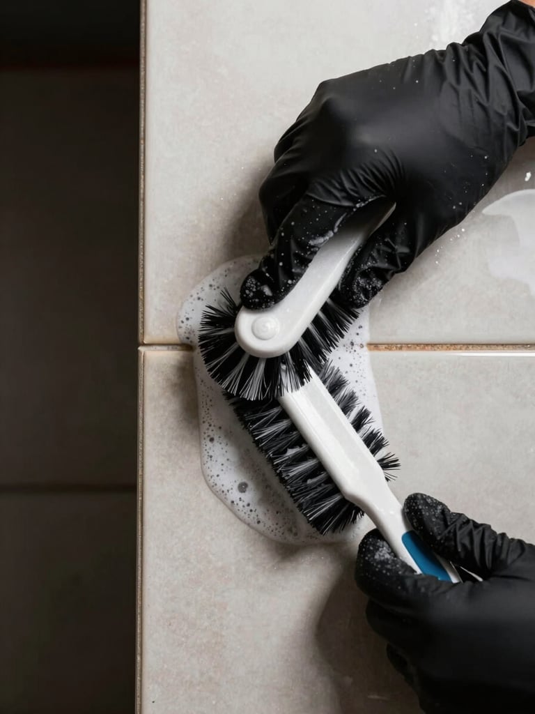 Close-up overhead flatlay of hands in black gloves scrubbing ceramic tile grout with a stiff brush, soapy residue visible, high-contrast studio lighting, dark background to the left