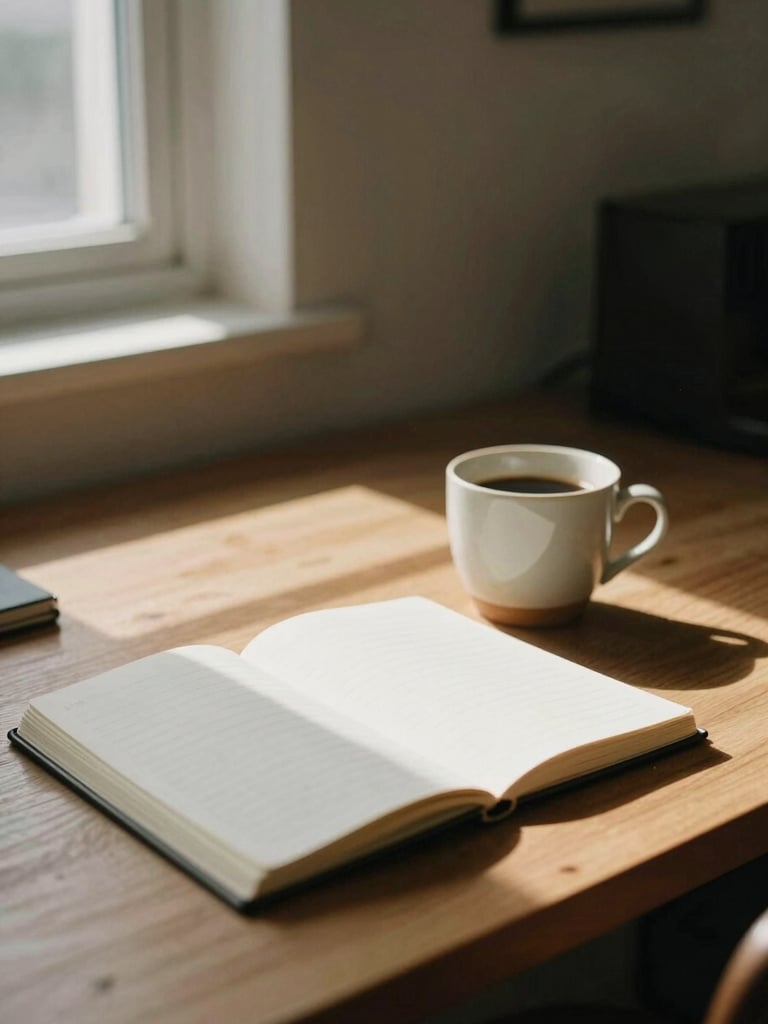 Quiet office environment with warm natural window light casting soft shadows on a wooden desk with a notebook and a ceramic coffee cup, shallow depth of field, muted earth tones, 35mm film style.