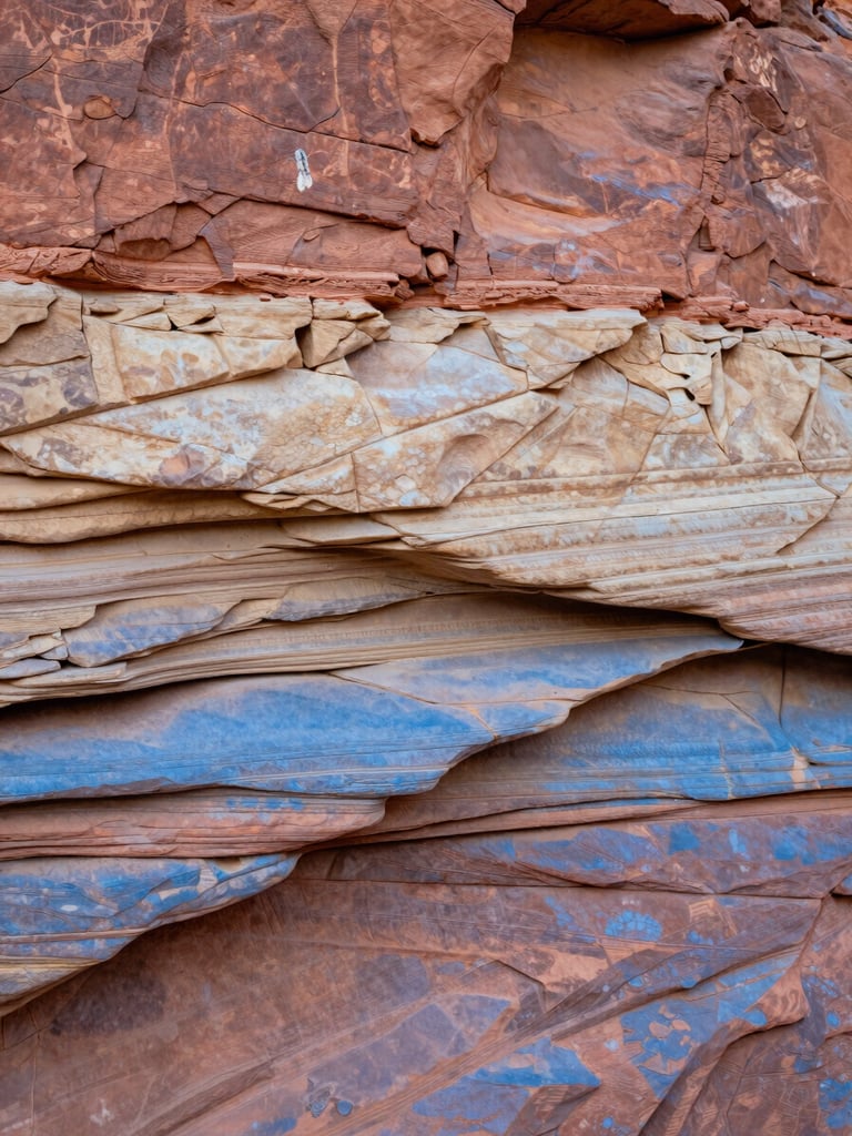 Extreme close-up of textured desert stone strata, showing layered bands of terracotta, beige, and dusty blue.