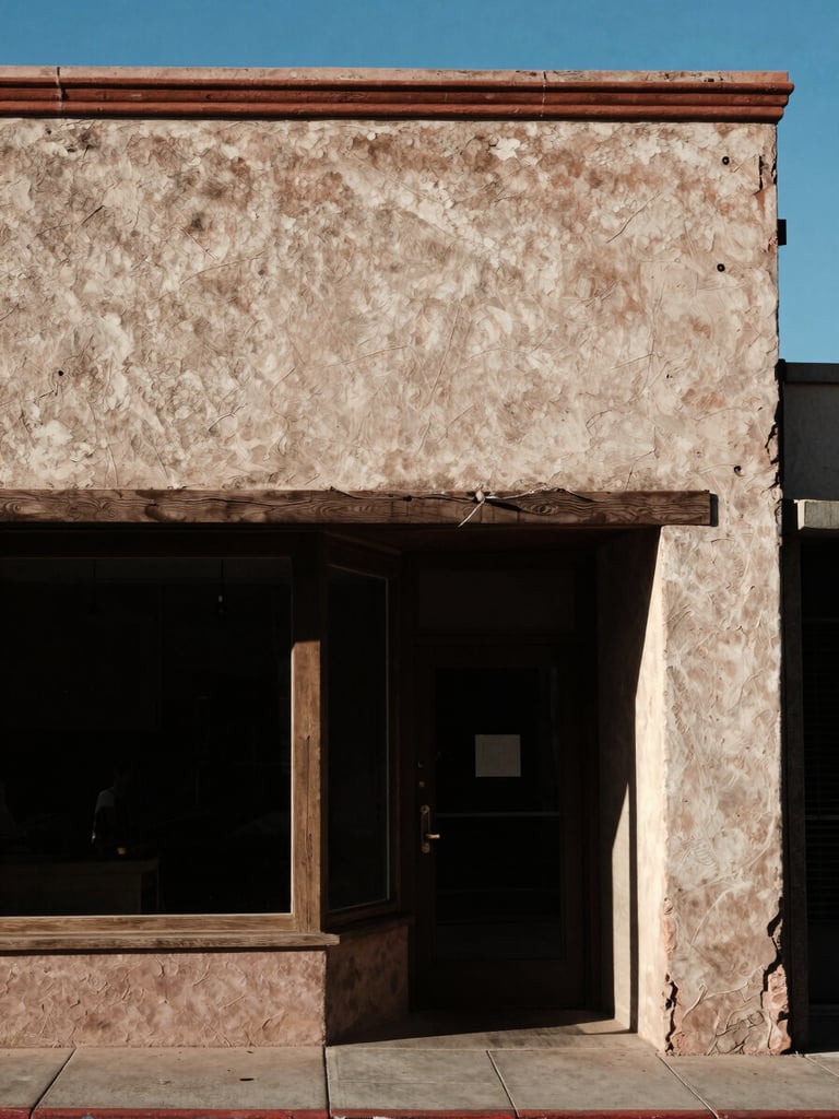 Low-angle shot of a weathered stucco storefront under harsh Tucson sun, deep architectural shadows