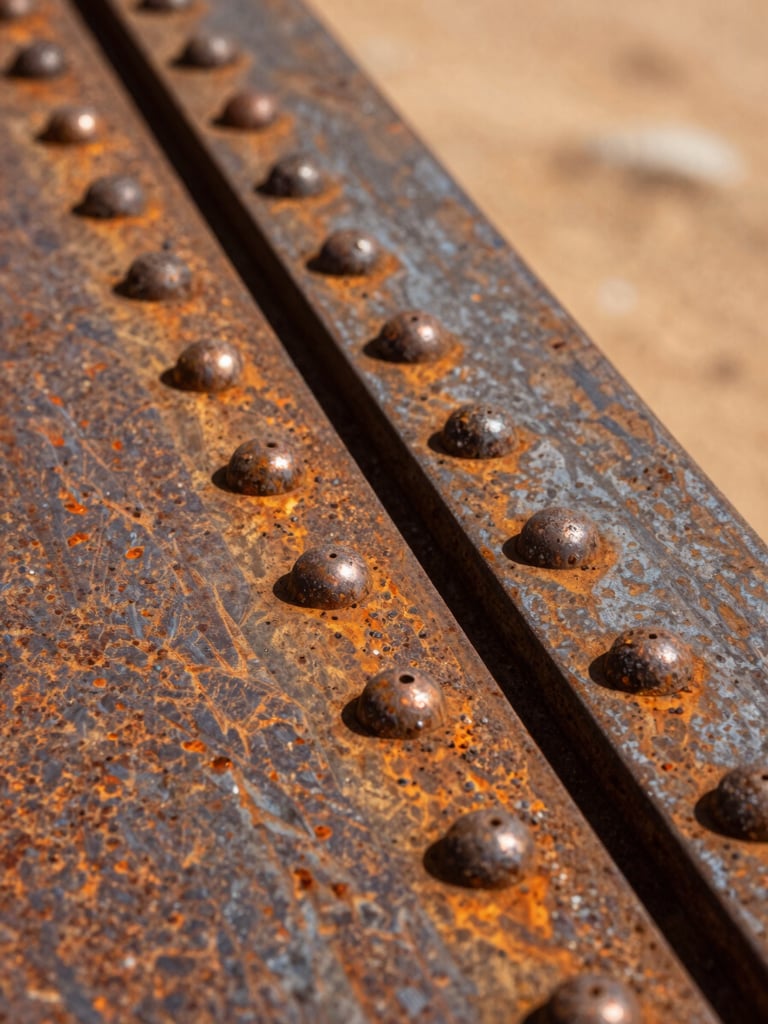 Extreme close-up of rusted steel plates and weathered copper rivets under high-contrast desert midday sun