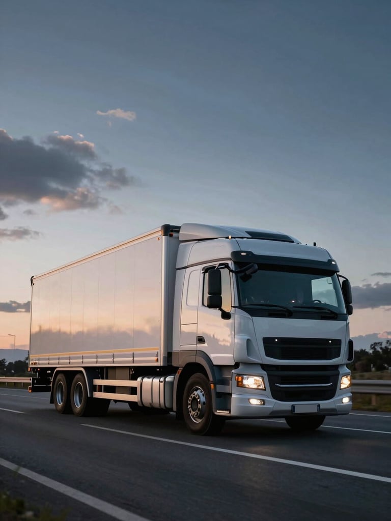 Sleek logistics truck in motion on a clean highway under dramatic twilight sky, cool tones, sharp focus, 35mm