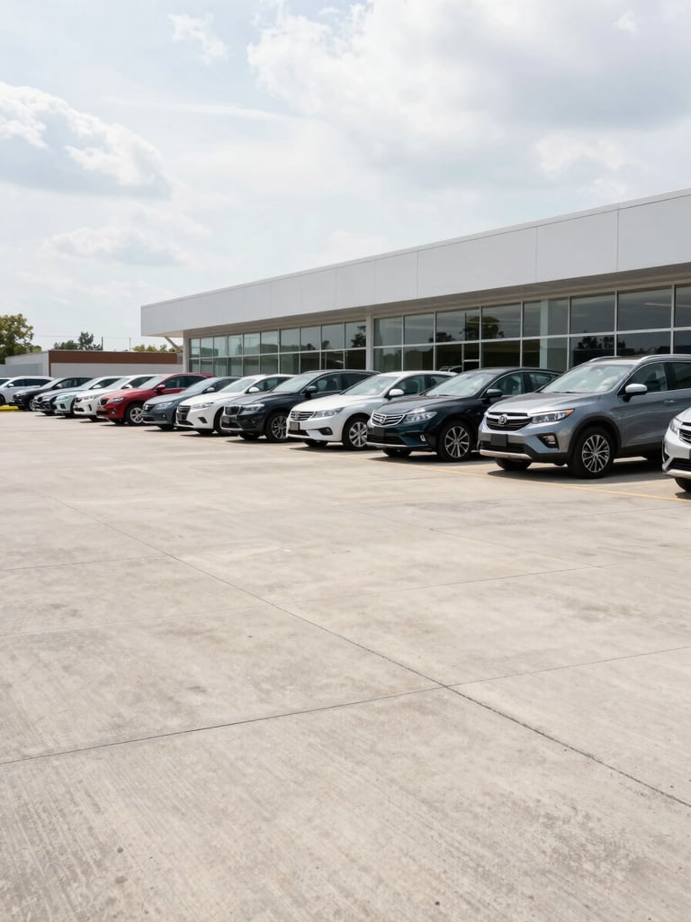 Wide environmental shot of an empty dealership lot exterior under bright overcast daylight, a row of parked vehicles visible in the background, clean concrete forecourt in the foreground, crisp shadows, no people