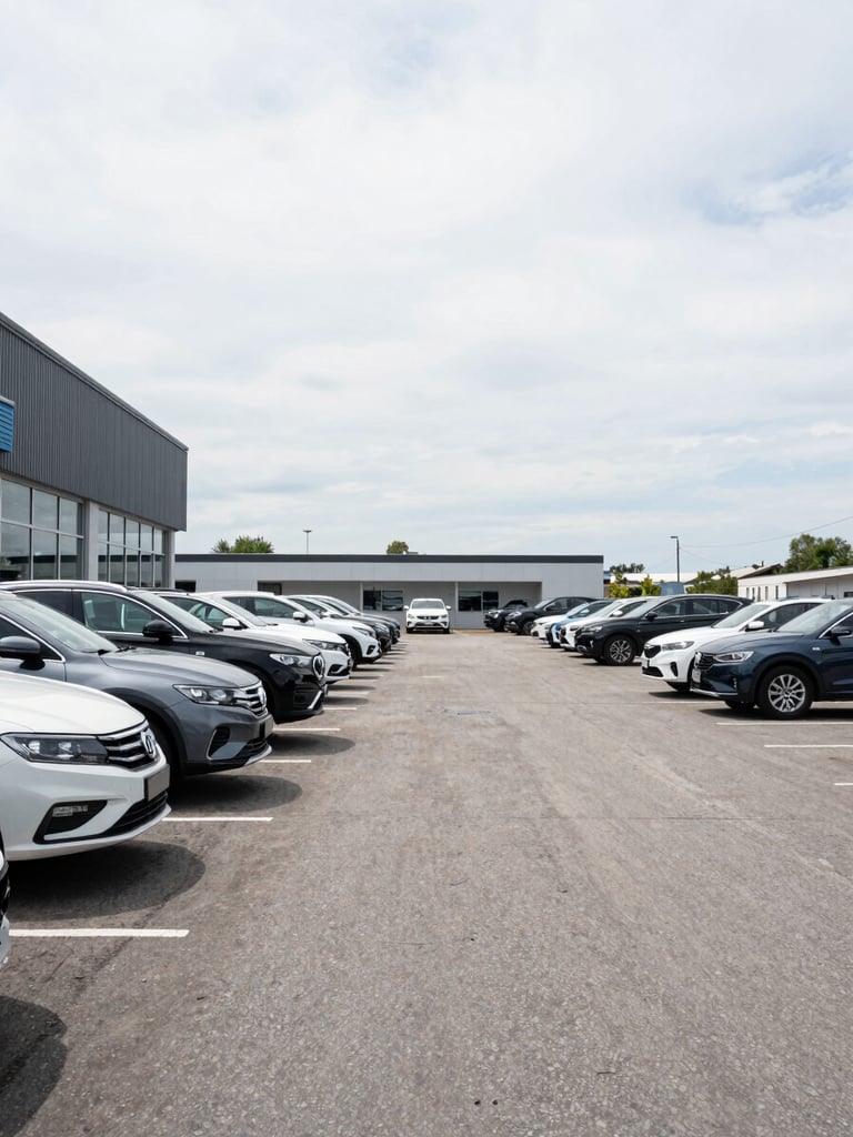 Wide environmental shot of an open car dealership lot in bright overcast daylight, rows of vehicles parked under a pale sky, empty asphalt forecourt stretching to the right, dealership building facade visible at left edge, no people