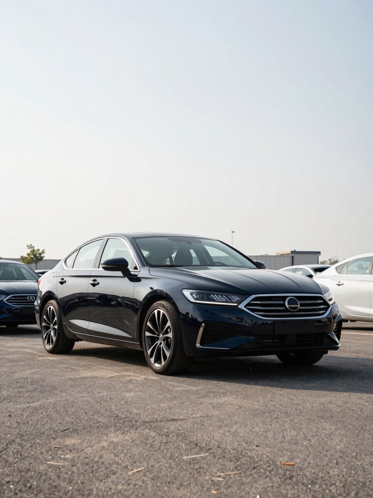 Wide environmental shot of a dark navy sedan parked on an open dealer lot under bright overcast daylight, photographed at a 3/4 front angle, crisp shadows, neutral asphalt ground, no people, no signage visible in frame
