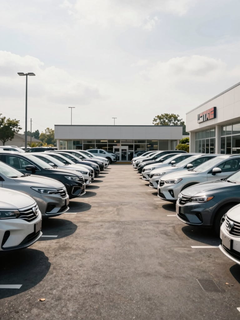 Wide shot of an empty suburban car dealership lot in bright overcast daylight, rows of vehicles parked in clean lines, dealer storefront signage visible in the background, crisp shadows, no people