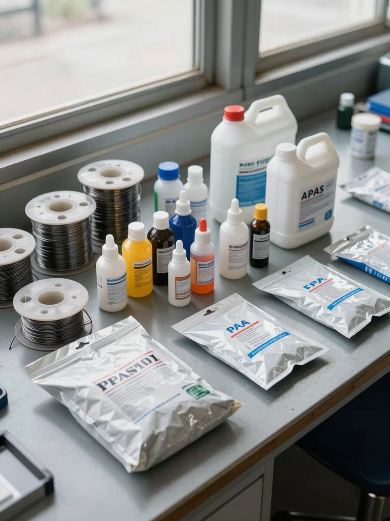Overhead shot of electronics consumables laid out on a grey steel workbench—solder wire reels, flux bottles, IPA gallon jugs, and ESD bags arranged in a flat working layout, north-facing daylight from industrial windows, no shadows