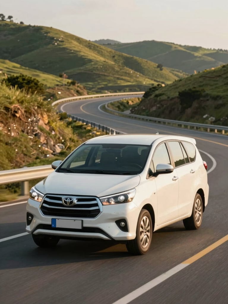 A clean white Toyota Innova driving smoothly along a well-paved highway winding through green hills at golden hour, bright warm afternoon light, wide cinematic framing.